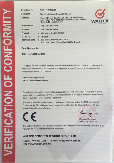 China Hynall Intelligent Control Co. Ltd zertifizierungen